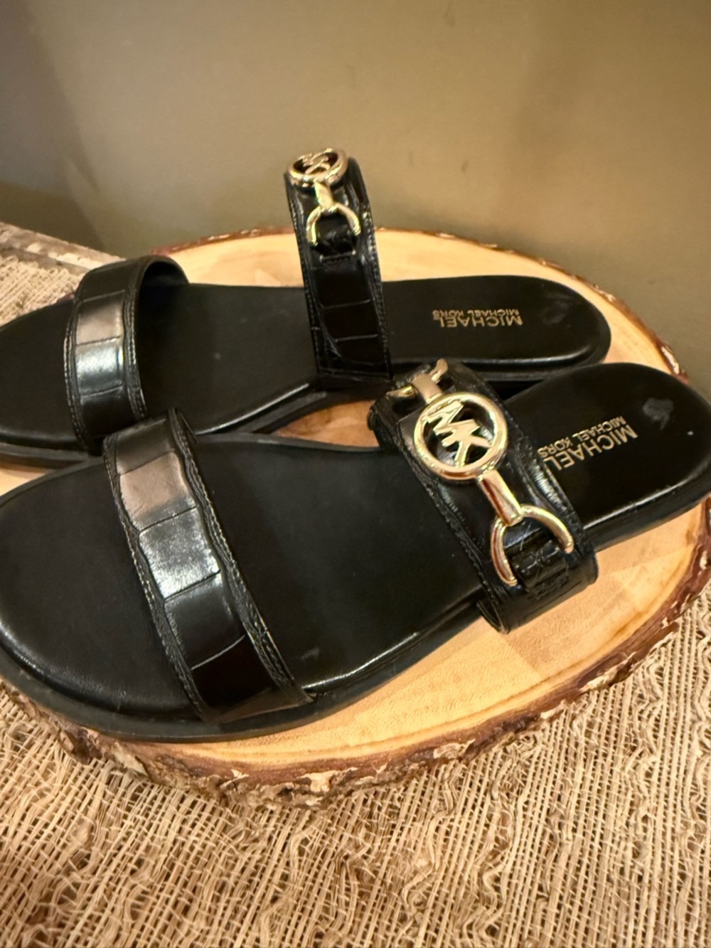 Michael Kors, women’s croc embossed slide double strap sandal black 6.5